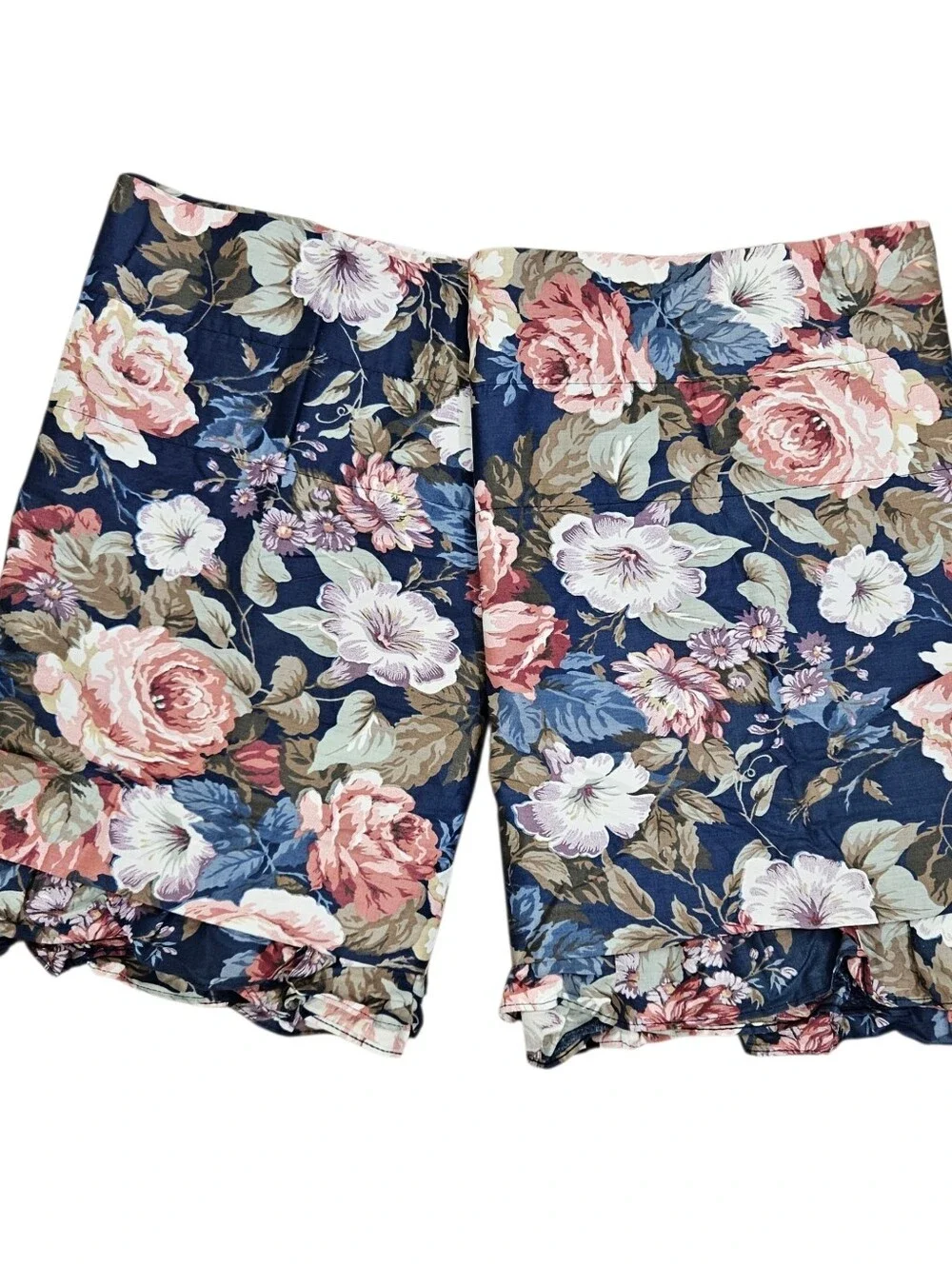 VTG JC Penney Big Pink Floral Roses Window Valances Navy Blue Chintz Pair 70X18